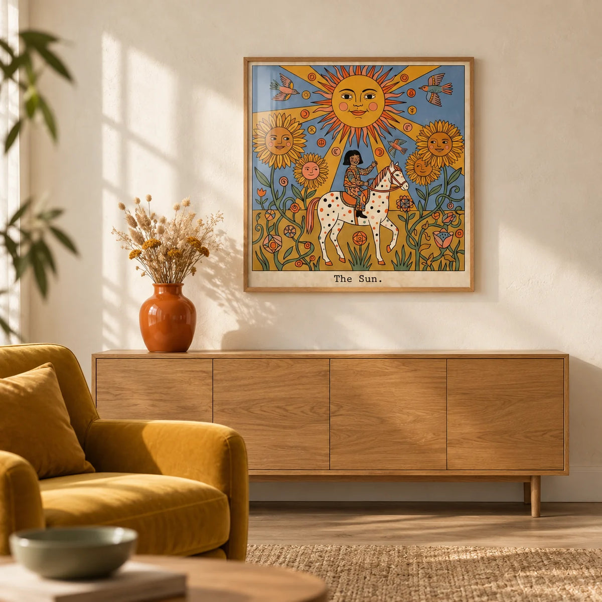 The Sun Tarot Card Art, framed on the wall of a warm boho-modern living room with a plain cream limewashed wall
