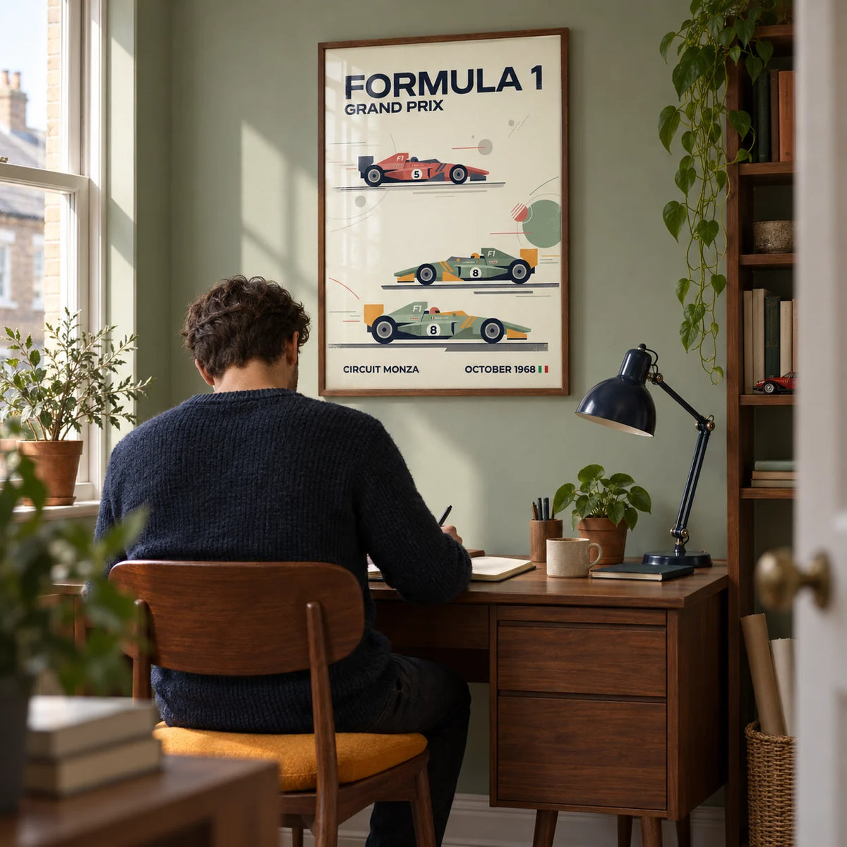 Three Classic Racing Cars Poster, framed on the wall of a compact home study in a British terraced house with a muted sage wall and walnut furniture
