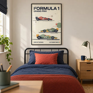 Three Classic Racing Cars Poster, framed on the wall of a modern teenage motorsport fan's single bedroom (13-17) in a UK family home with a warm white wall and oak floor