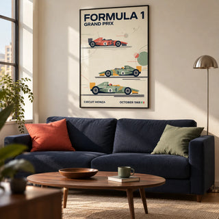 Three Classic Racing Cars Poster, framed on the wall of a restrained retro living room in a motorsport enthusiast's city flat with a cream wall and warm timber floor