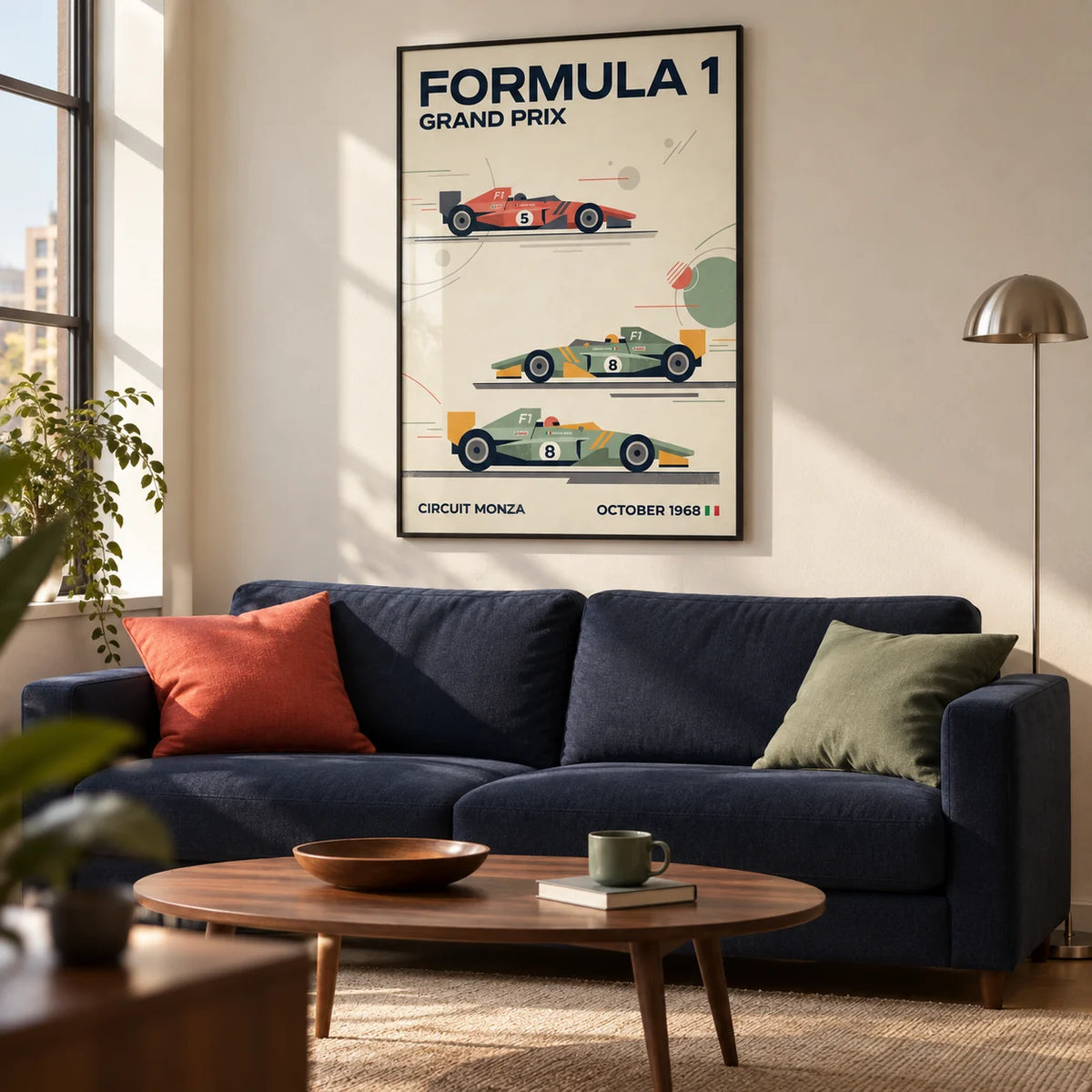 Three Classic Racing Cars Poster, framed on the wall of a restrained retro living room in a motorsport enthusiast's city flat with a cream wall and warm timber floor