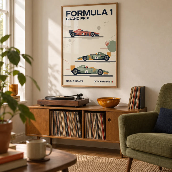 Three Classic Racing Cars Poster, framed on the wall of a small mid-century listening snug in a British home with a warm cream wall and an olive green armchair in a living room