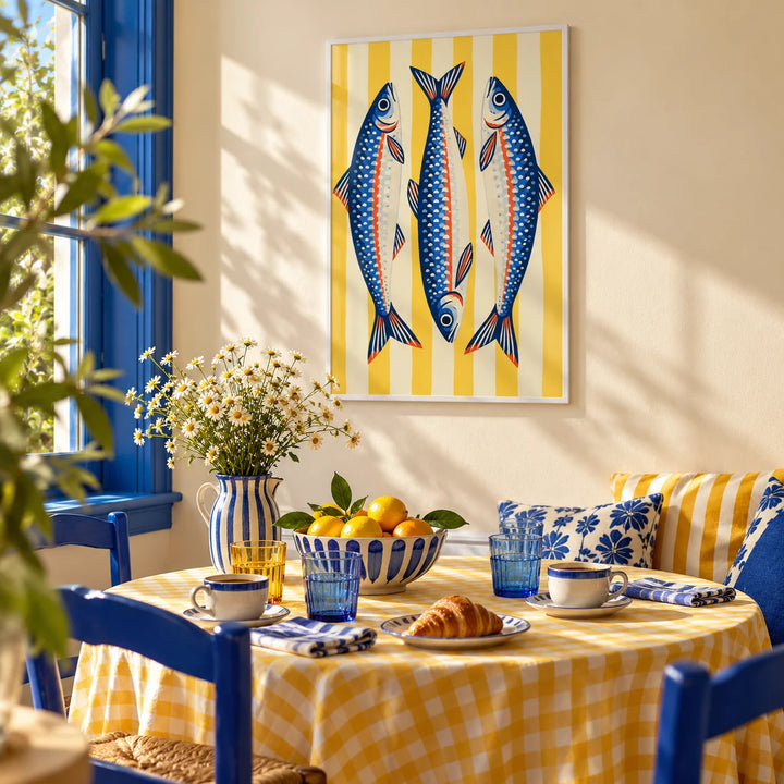 Three Sardines Print, framed on the wall of a bright breakfast nook in a kitchen