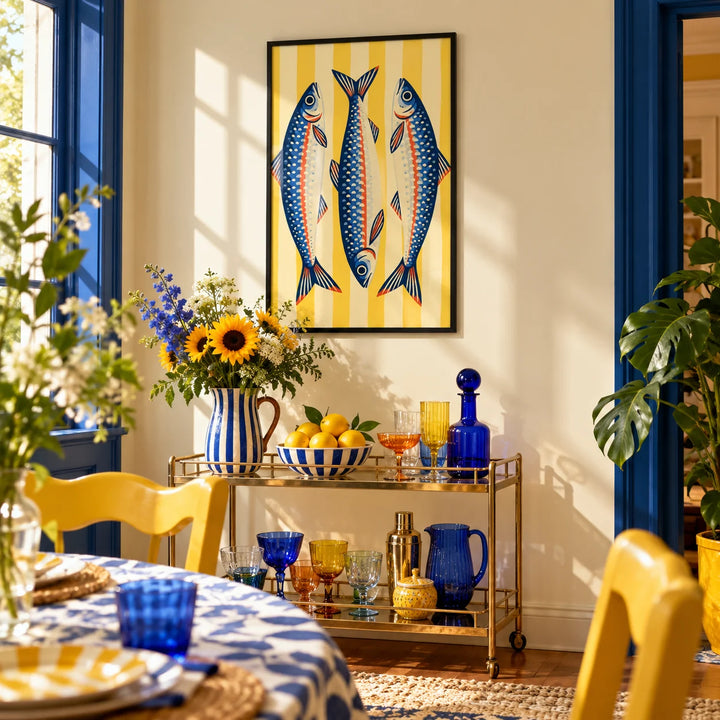 Three Sardines Print, framed on the wall of a colourful dining corner