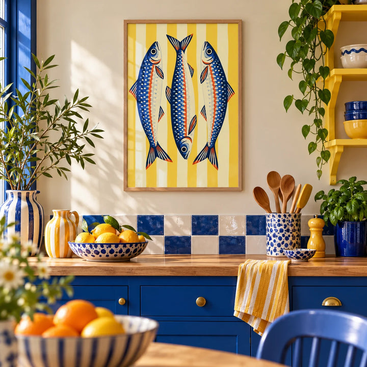 Three Sardines Print, framed on the wall of a colourful dopamine kitchen