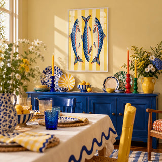 Three Sardines Print, framed on the wall of a maximalist dining room