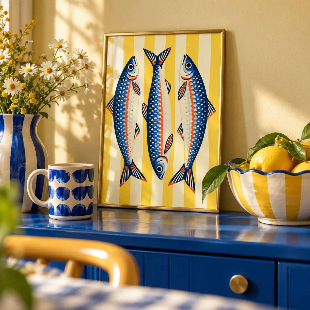 Three Sardines Print, a small A4 framed print leaning on a colourful lacquered shelf in a living room