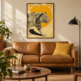 Tiger Art Print, framed on the wall of a mid-century living room with a warm cream wall and a walnut floor