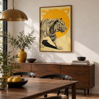 Tiger Art Print, framed on the wall of a modern dining room with a white wall