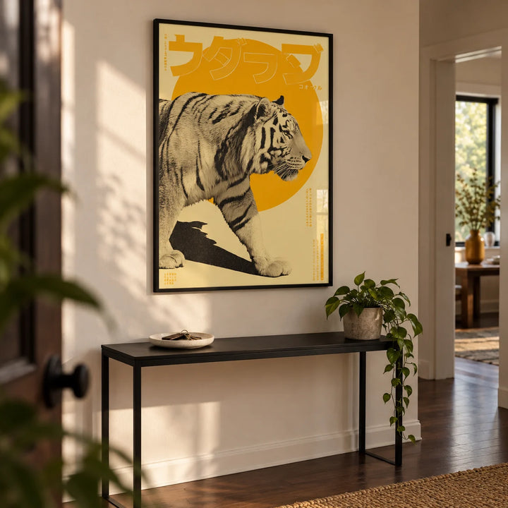 Tiger Art Print, framed on the wall of a modern hallway with a warm white wall and a dark wood floor