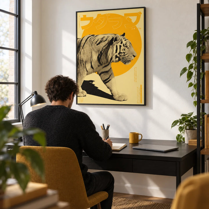 Tiger Art Print, framed on the wall of a modern study with a white wall