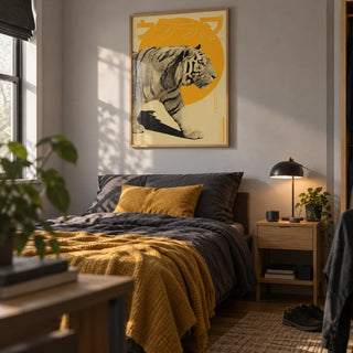 Tiger Art Print, framed on the wall of an older teenage boy's bedroom (15-17) with a light grey wall