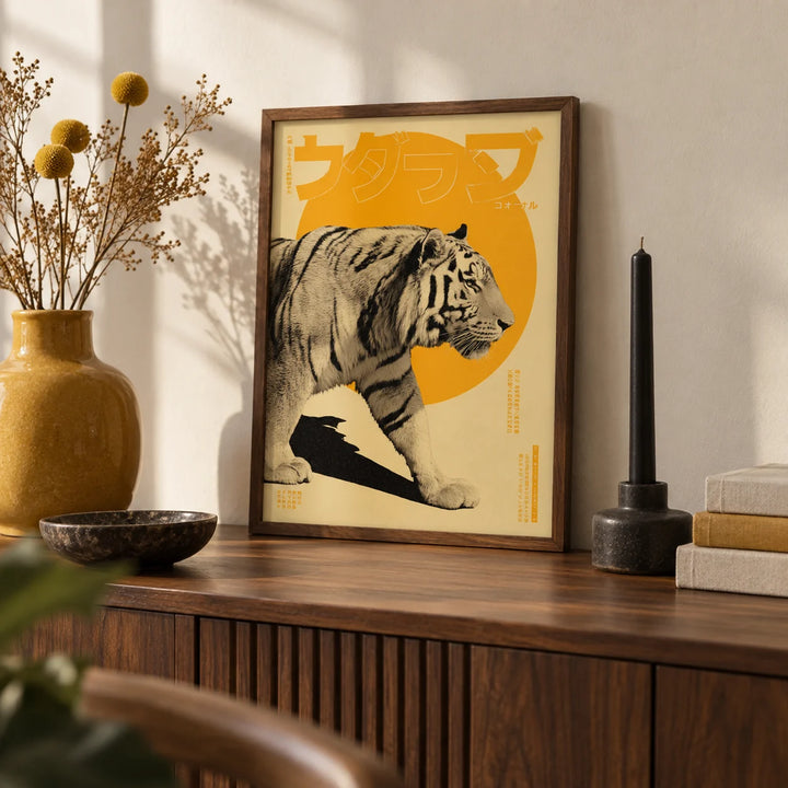 Tiger Art Print, a small A4 framed print leaning on a walnut sideboard in a living room