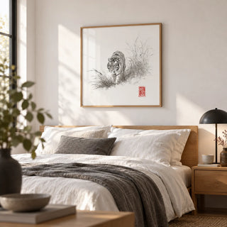 Tiger Ink Painting, framed on the wall of a calm bedroom with a soft white wall