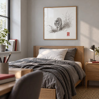 Tiger Ink Painting, framed on the wall of a calm single bedroom for a teenager (14-17) with a pale grey wall