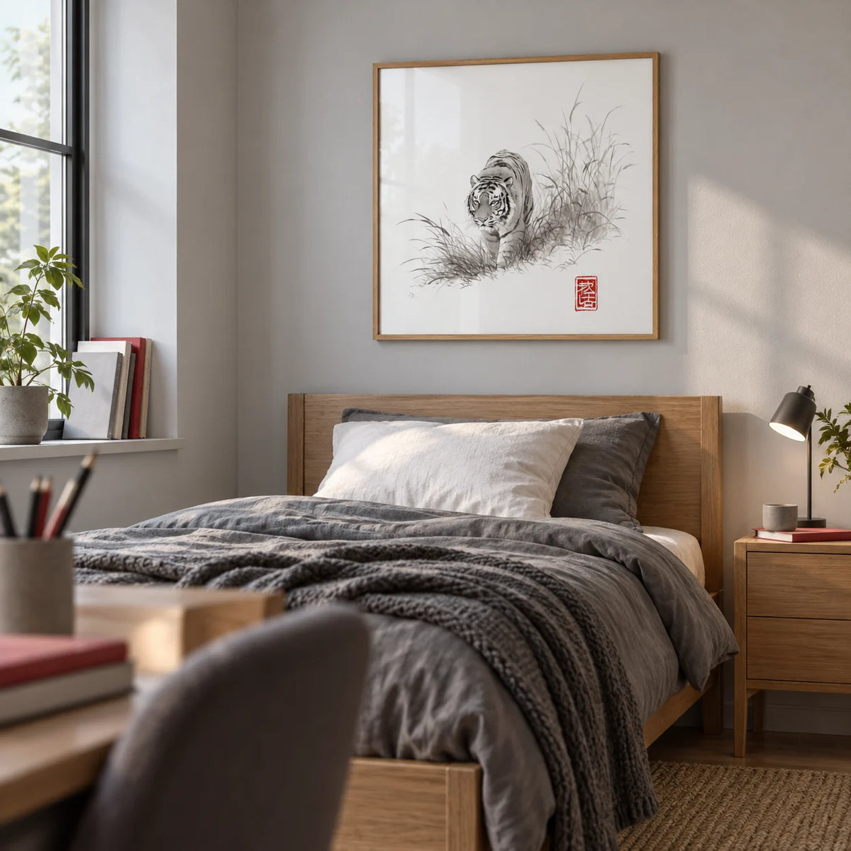 Tiger Ink Painting, framed on the wall of a calm single bedroom for a teenager (14-17) with a pale grey wall