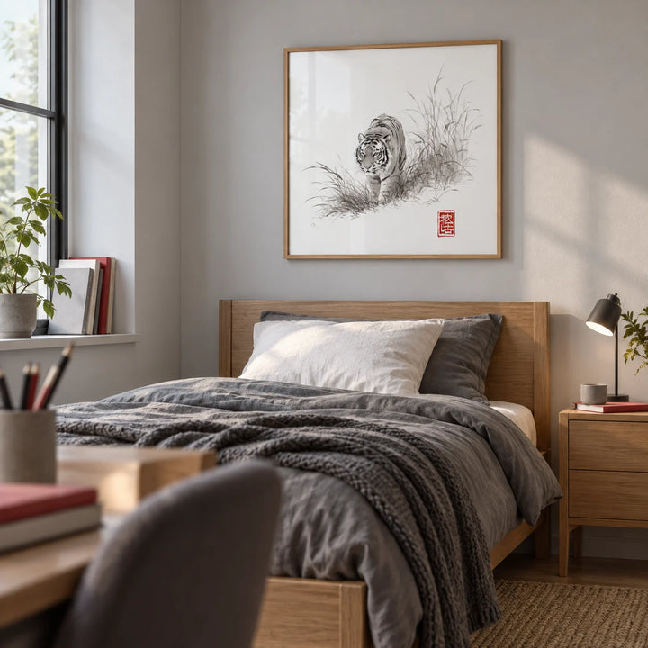 Tiger Ink Painting, framed on the wall of a calm single bedroom for a teenager (14-17) with a pale grey wall