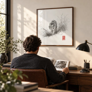 Tiger Ink Painting, framed on the wall of a calm study with a warm white wall