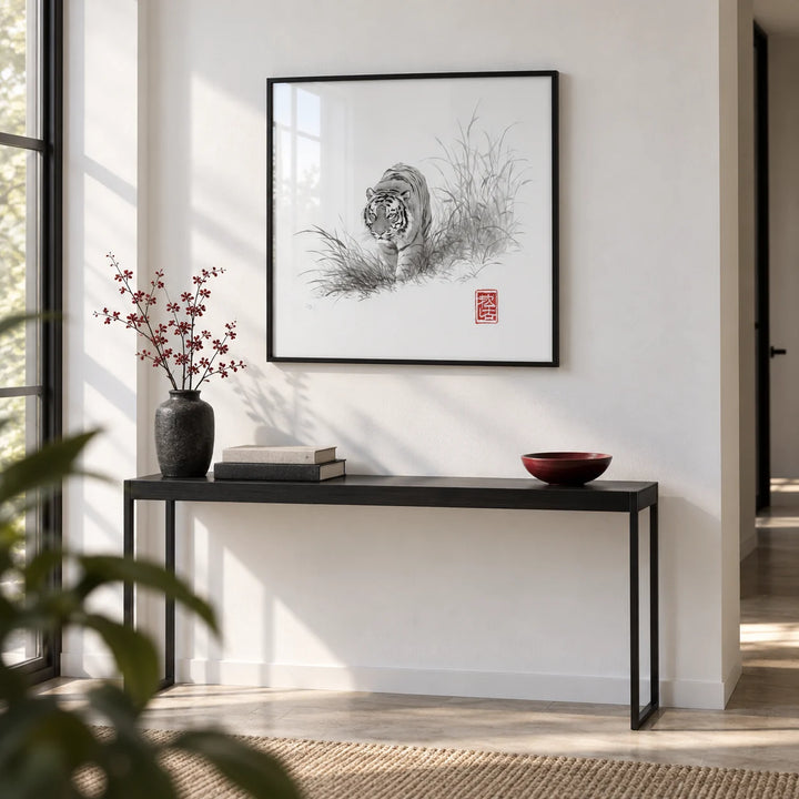 Tiger Ink Painting, framed on the wall of a crisp white hallway