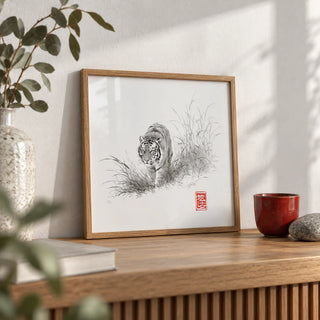 Tiger Ink Painting, a small A4 framed print leaning on an oak shelf in a living room