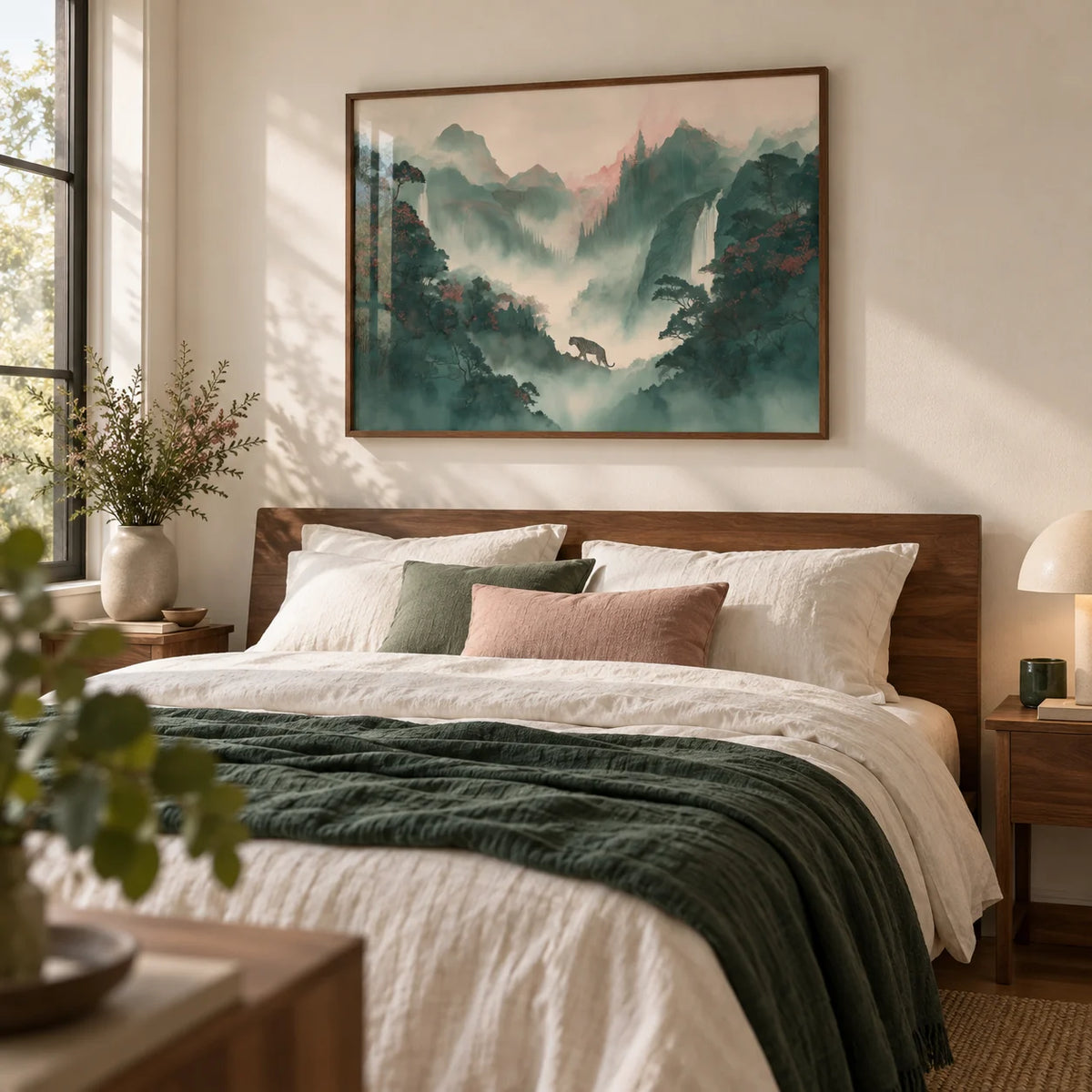 Tiger Landscape Wall Art, framed on the wall of a calm bedroom with a warm white wall