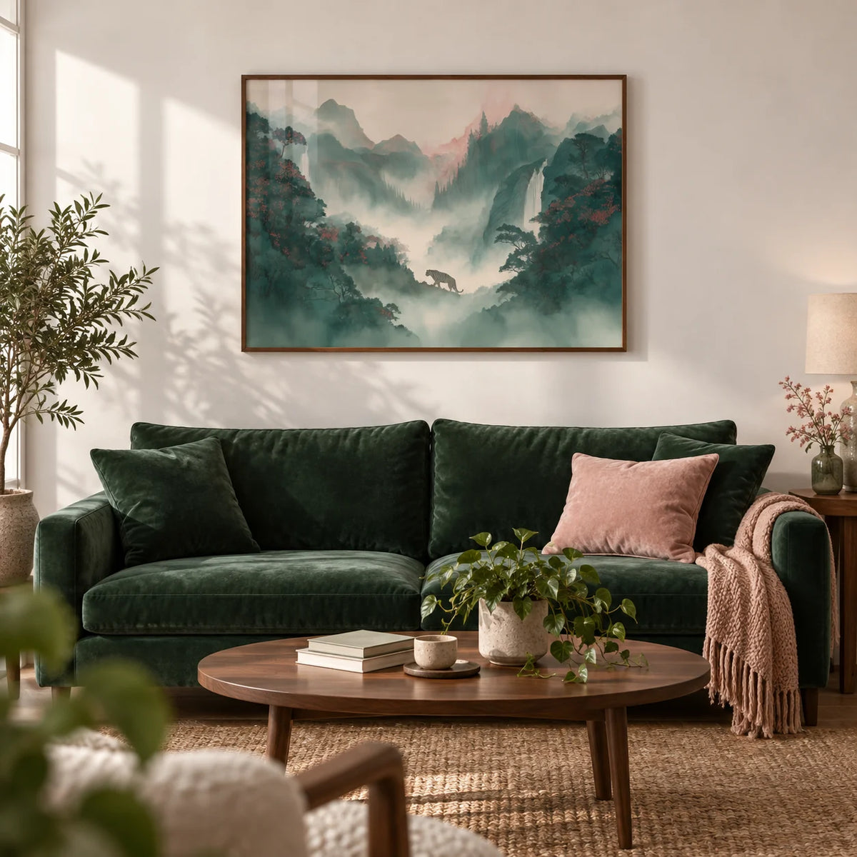Tiger Landscape Wall Art, framed on the wall of a calm living room with a soft white wall