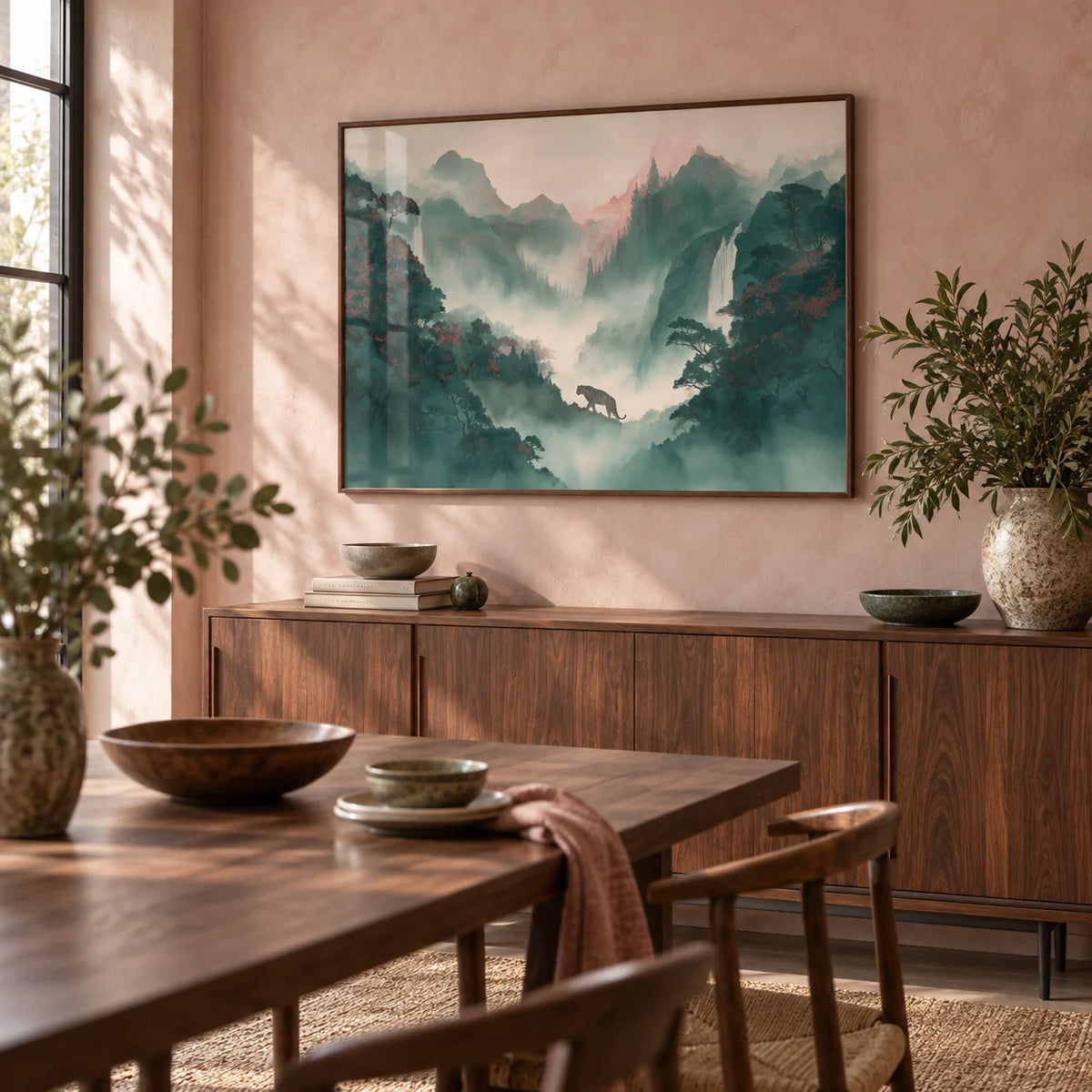 Tiger Landscape Wall Art, framed on the wall of a dining room with a soft pink limewashed wall