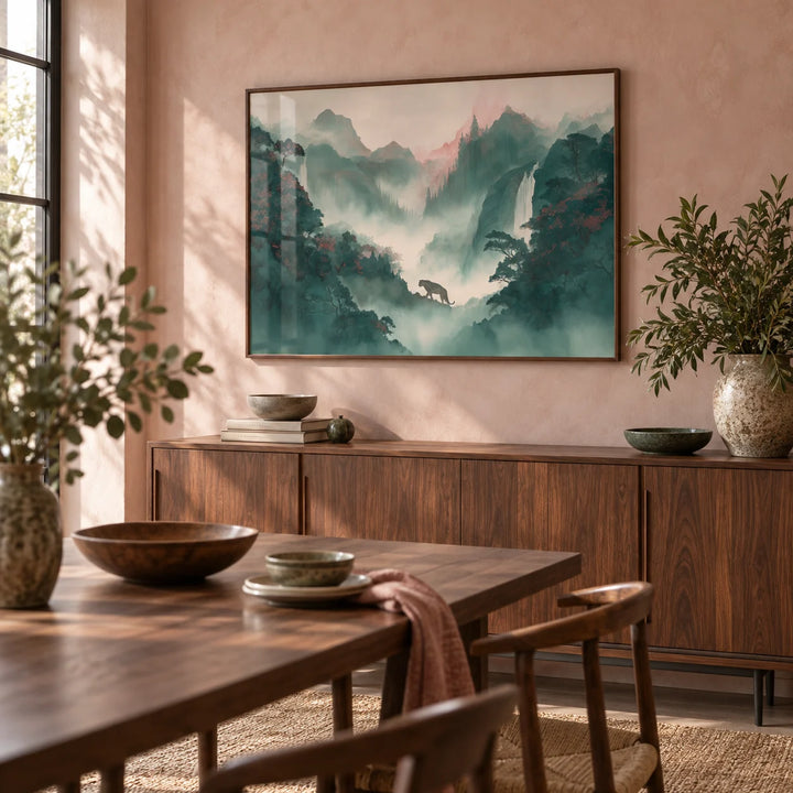Tiger Landscape Wall Art, framed on the wall of a dining room with a soft pink limewashed wall