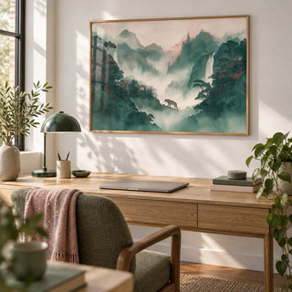 Tiger Landscape Wall Art, framed on the wall of a home office with a white wall