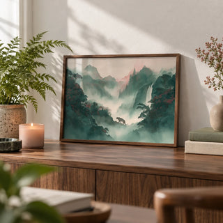 Tiger Landscape Wall Art, a small A4 framed print leaning on a walnut sideboard in a living room