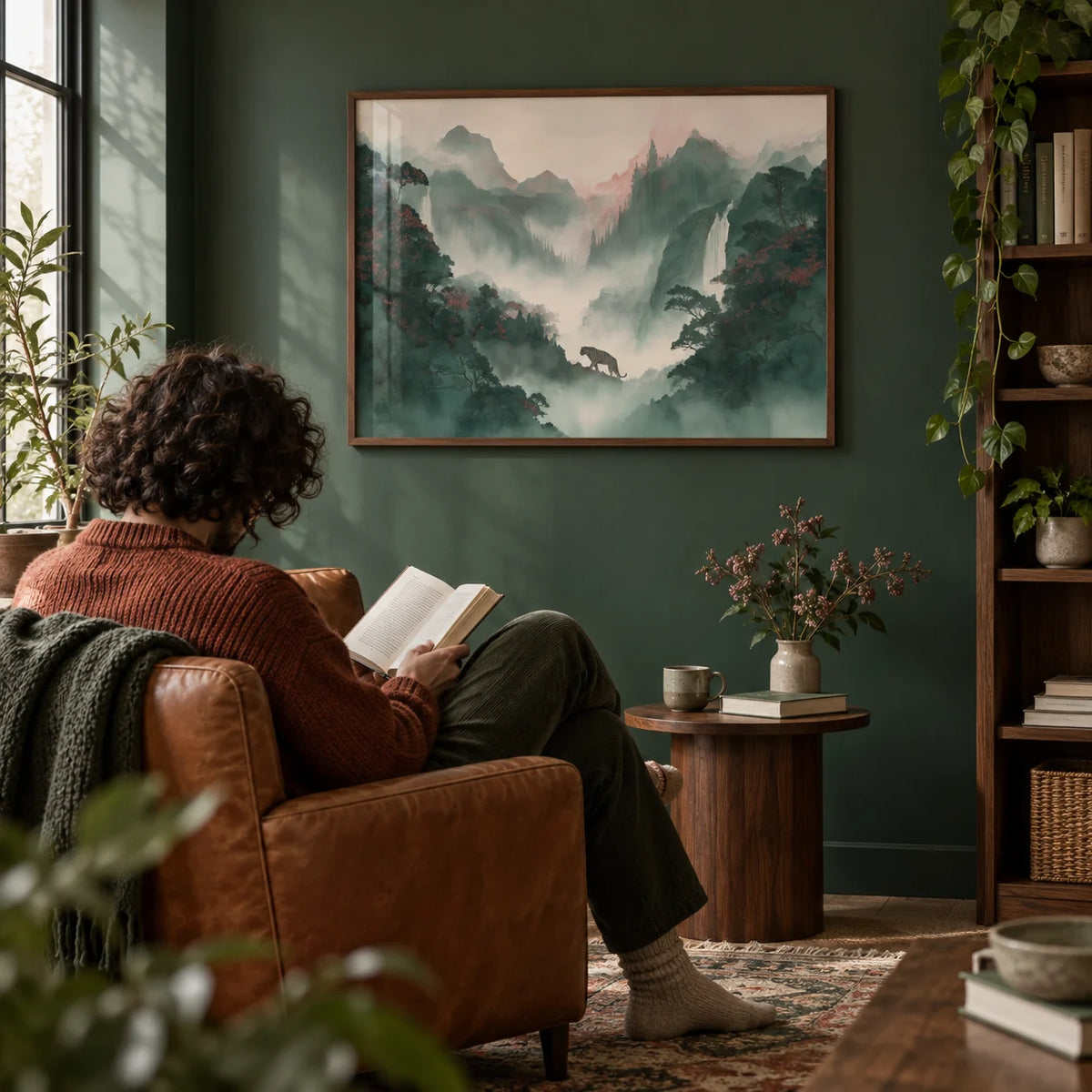 Tiger Landscape Wall Art, framed on the wall of a study with a deep green wall