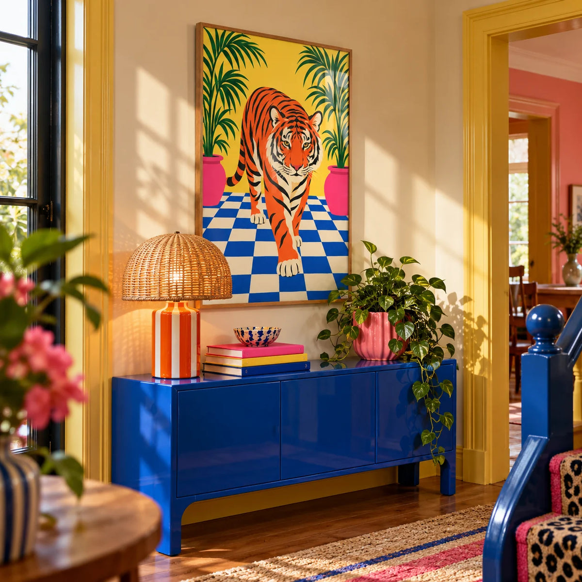 Tiger Stroll Poster, framed on the wall of a colourful hallway