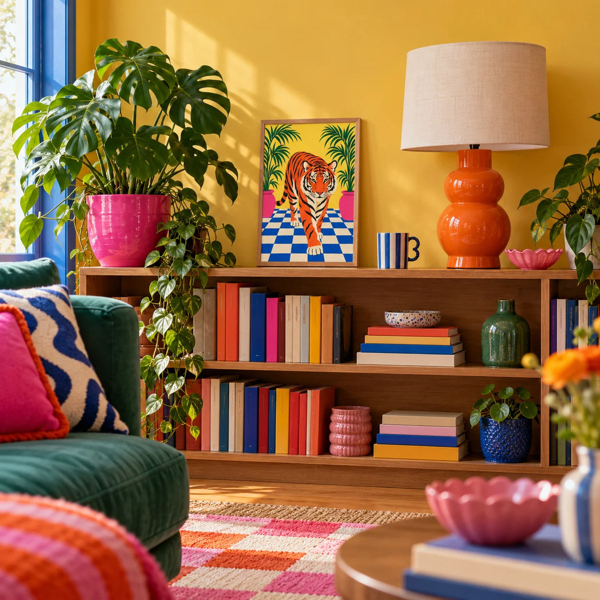 Tiger Stroll Poster, a small A4 framed print leaning on a low bookshelf in a living room