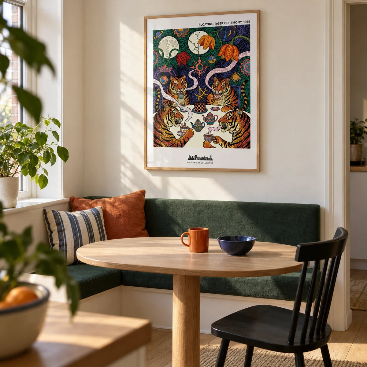 Tiger Tea Ceremony Print, framed on the wall of a compact breakfast corner in a first UK flat for a couple aged 25-35 with a pale cream wall and simple oak flooring in a kitchen