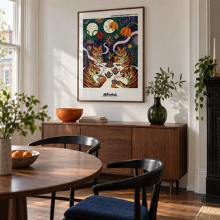 Tiger Tea Ceremony Print, framed on the wall of a contemporary dining room in a Victorian terrace with chalk-white walls and a walnut floor