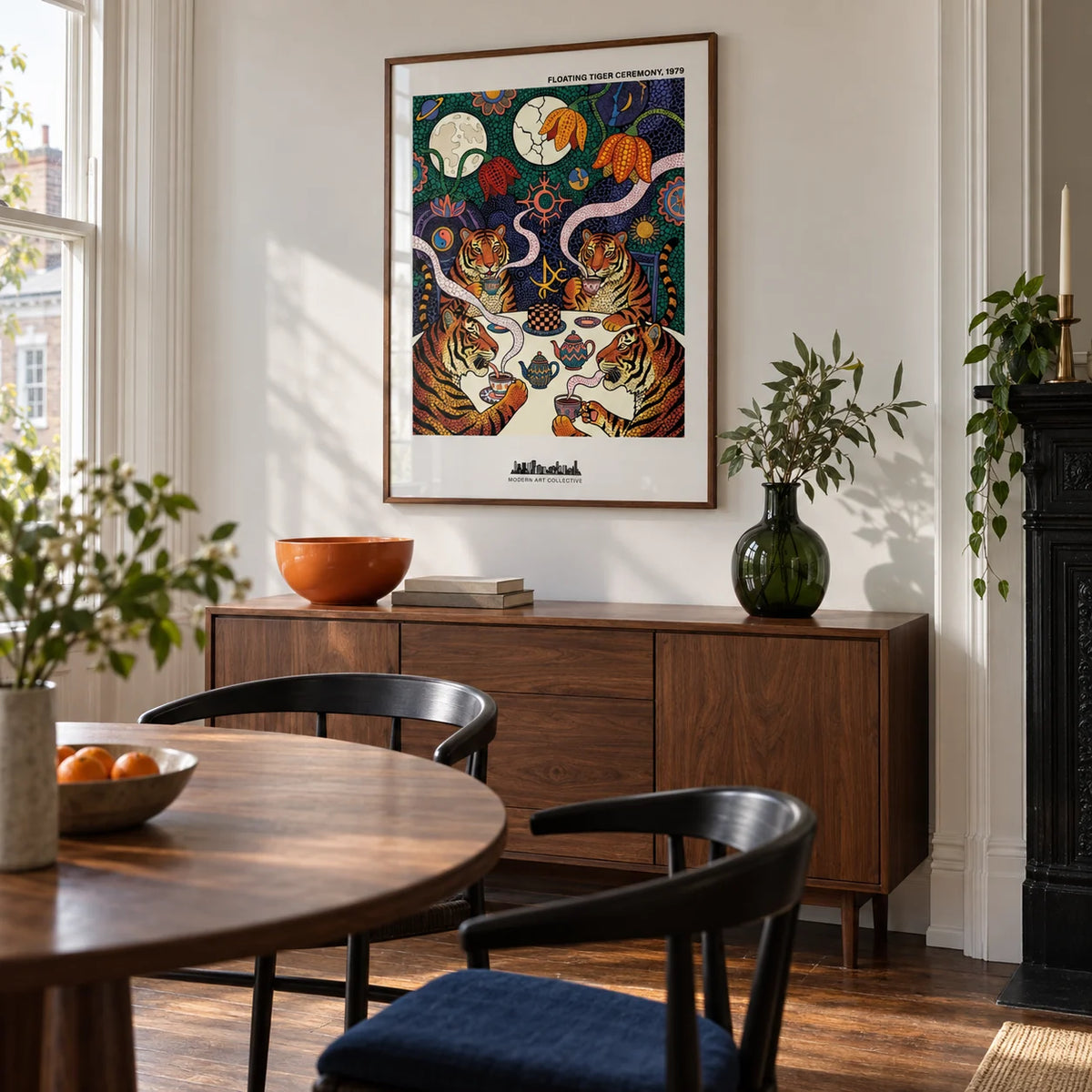 Tiger Tea Ceremony Print, framed on the wall of a contemporary dining room in a Victorian terrace with chalk-white walls and a walnut floor