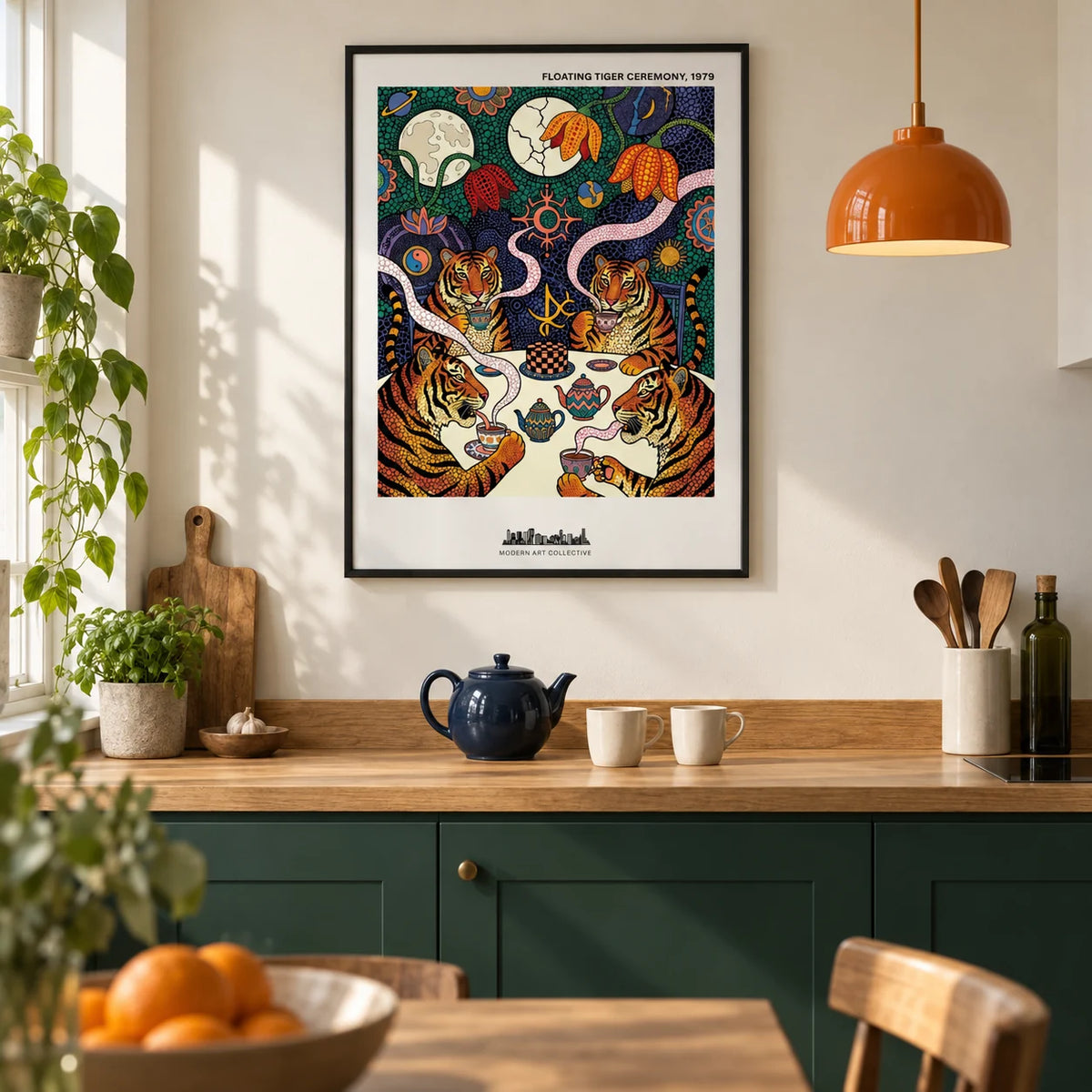 Tiger Tea Ceremony Print, framed on the wall of a modern kitchen in a UK terraced home with plain forest green cabinets