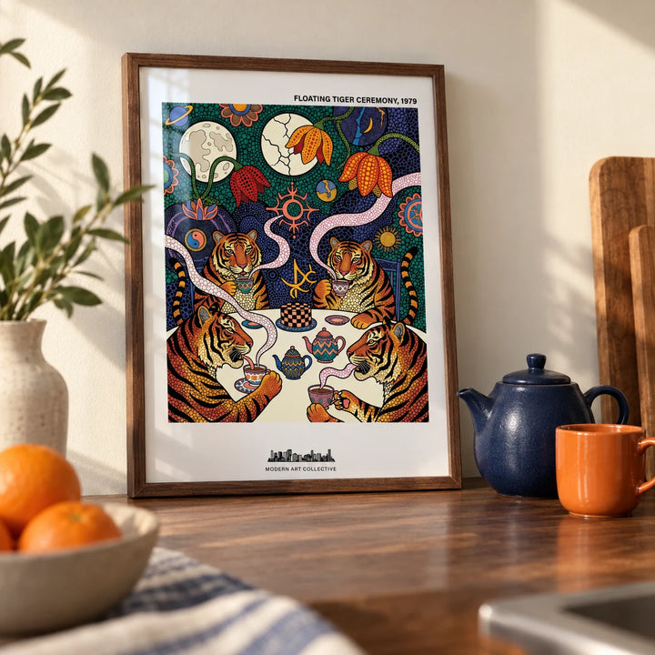 Tiger Tea Ceremony Print, a small A4 framed print leaning on a walnut kitchen worktop