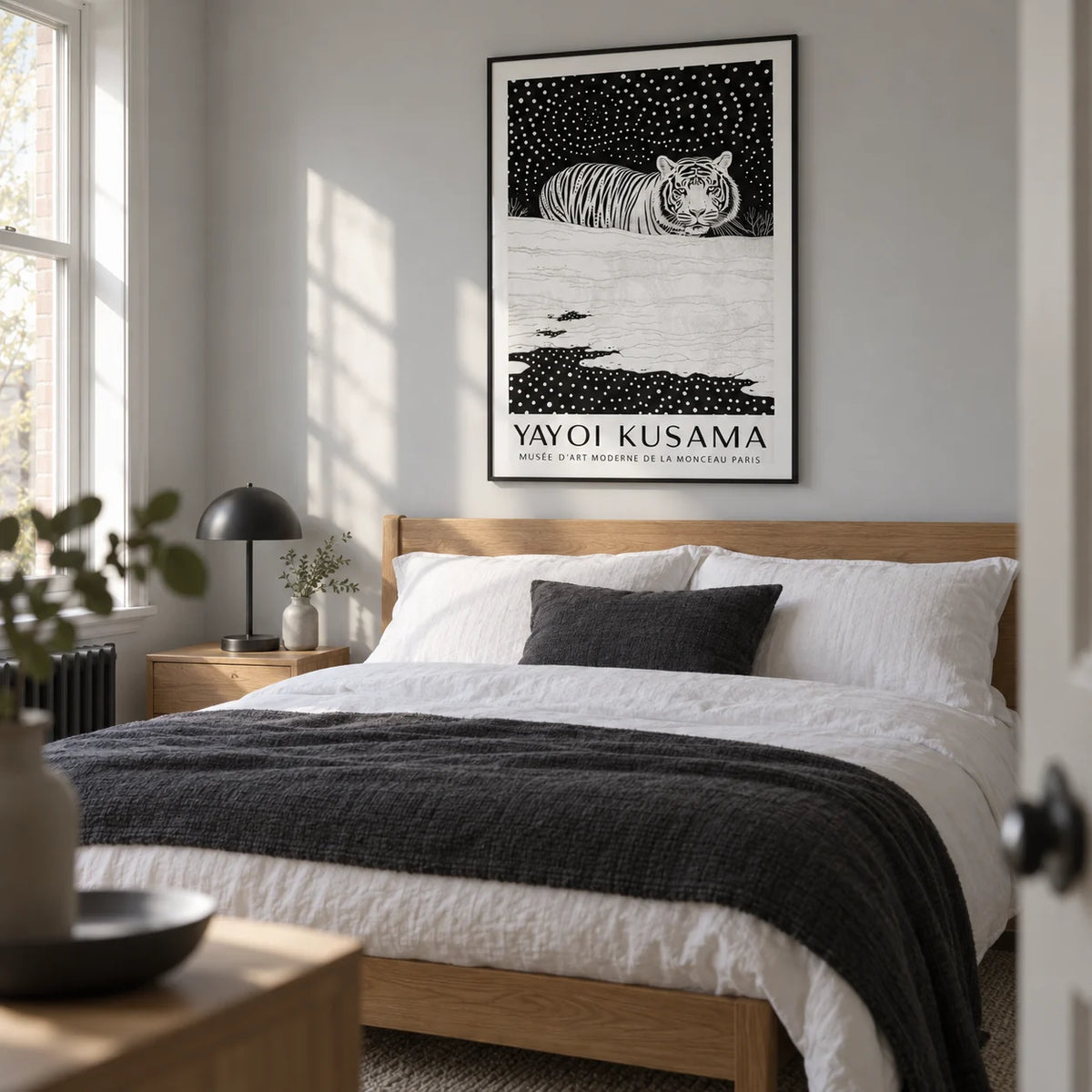 Snow Tiger Print, framed on the wall of a calm contemporary bedroom in a UK terraced house with a pale grey wall