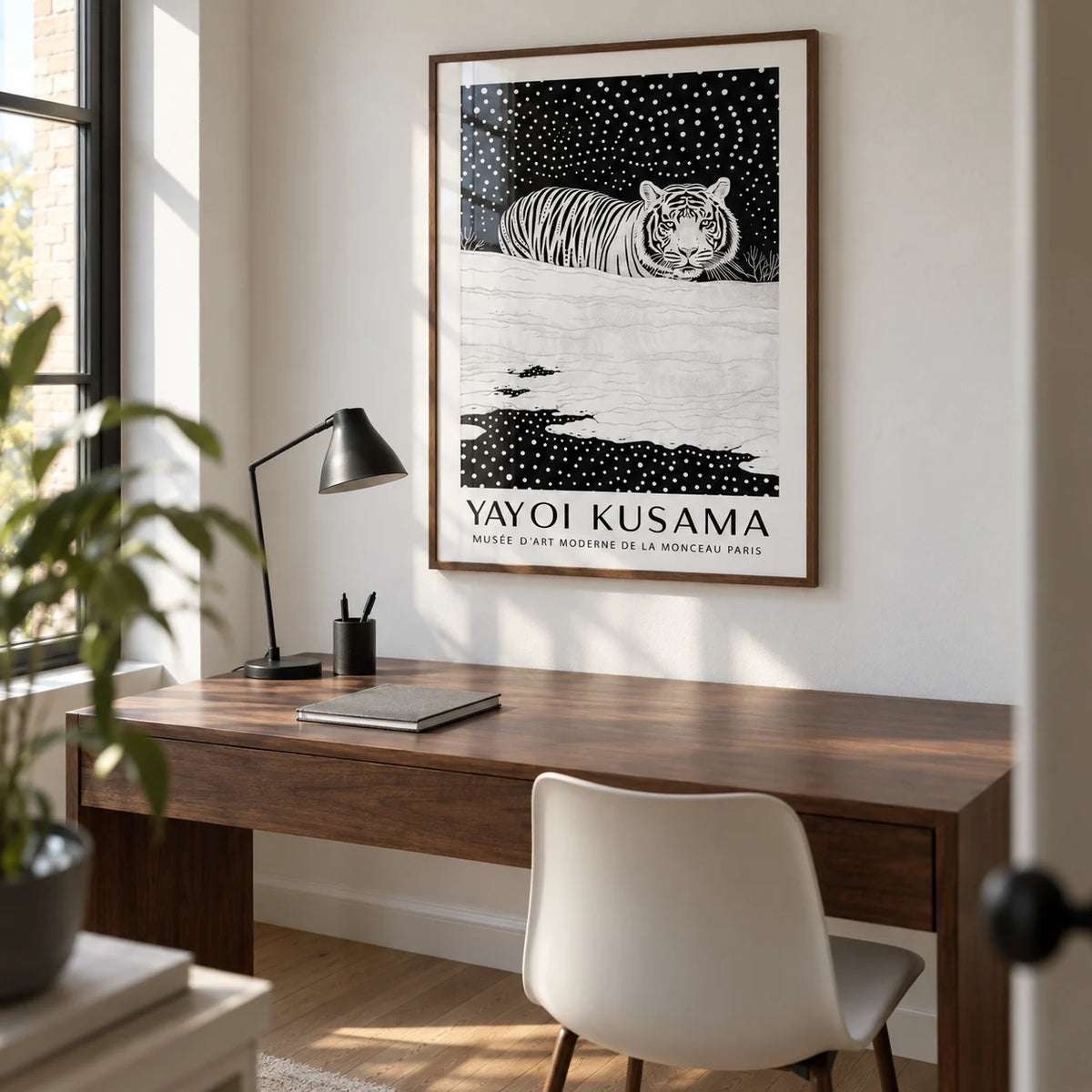 Snow Tiger Print, framed on the wall of a compact modern home study with a white wall and a walnut desk
