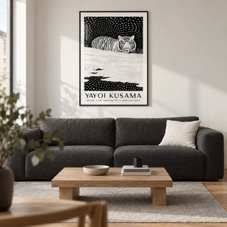 Snow Tiger Print, framed on the wall of a modern living room in a UK city flat with a soft white wall and warm oak flooring