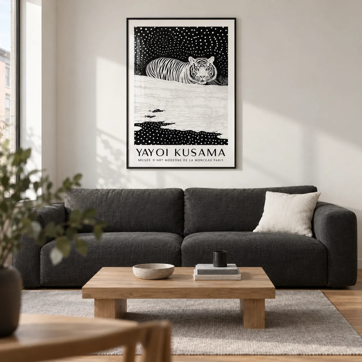 Snow Tiger Print, framed on the wall of a modern living room in a UK city flat with a soft white wall and warm oak flooring