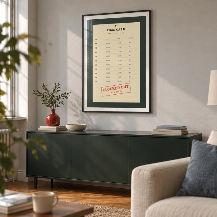 Time Card Print, framed on the wall of a modern living room in a UK city flat with a pale grey wall and polished timber floor