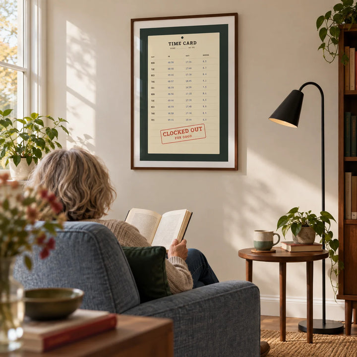 Time Card Print, framed on the wall of a relaxed reading corner in a retired couple's modern British home with a cream wall in a living room