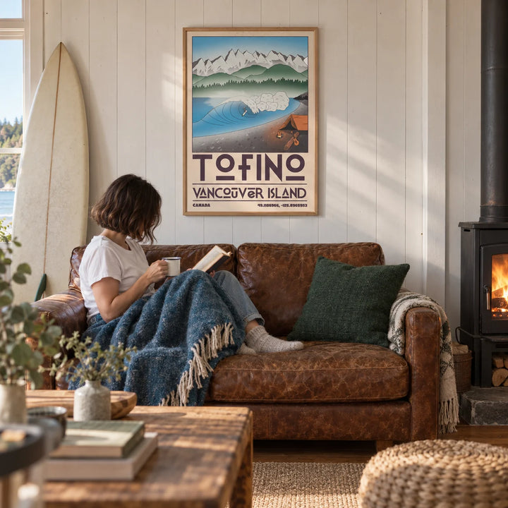 Tofino Landscape Art Print, framed on the wall of a characterful coastal cabin living room with white painted timber walls