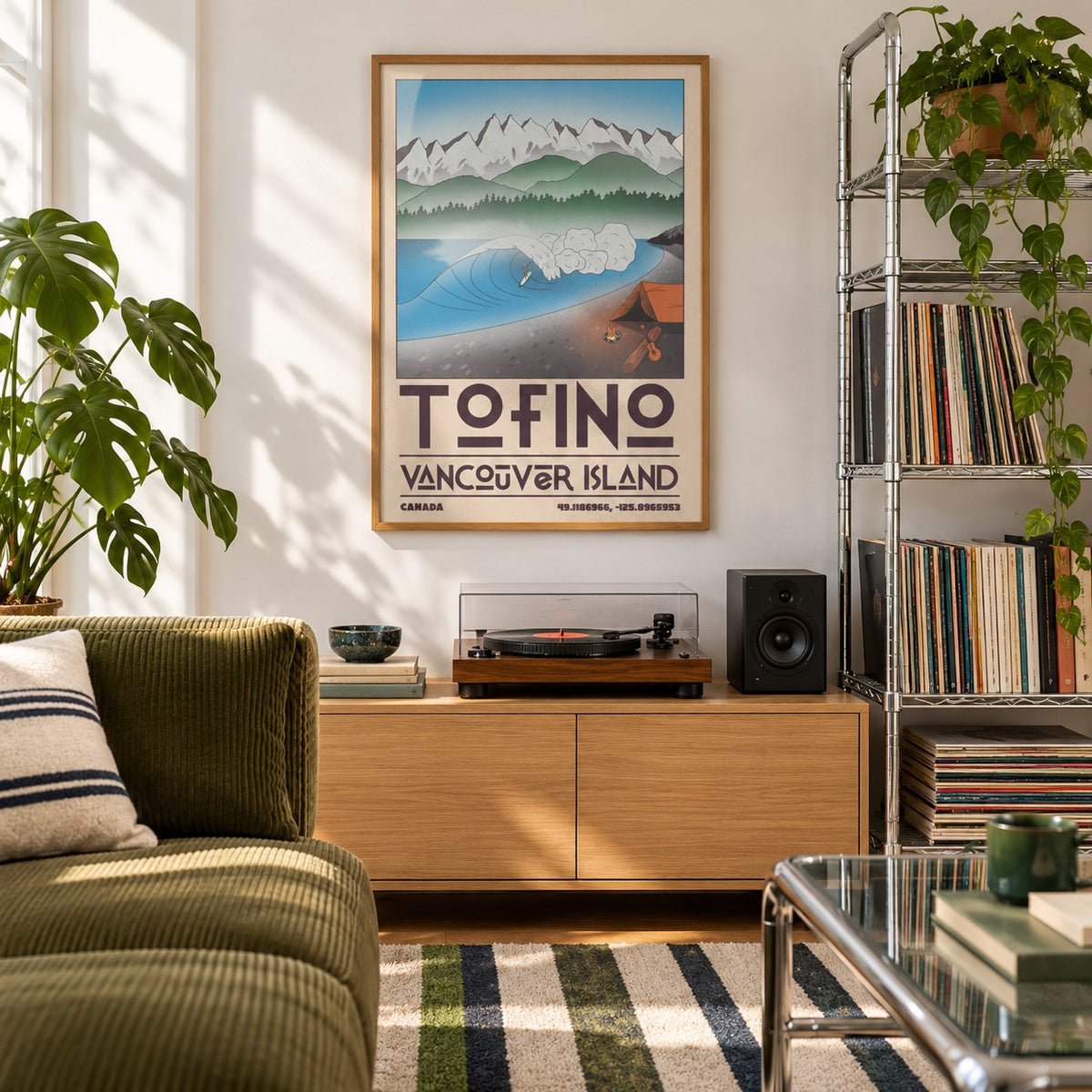Tofino Landscape Art Print shown in a city apartment record corner (frame not included)