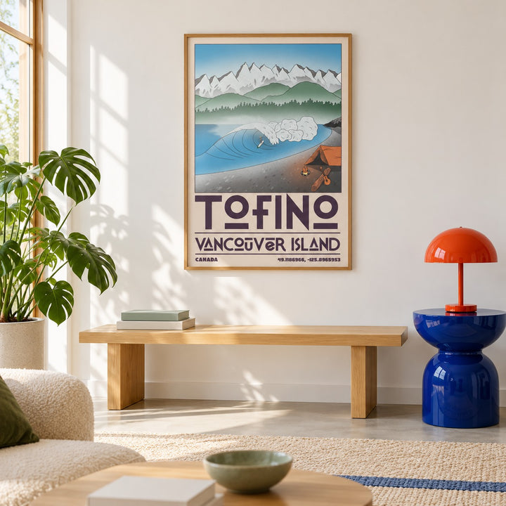 Tofino Landscape Art Print shown in a colourful minimalist living room with a bench (frame not included)