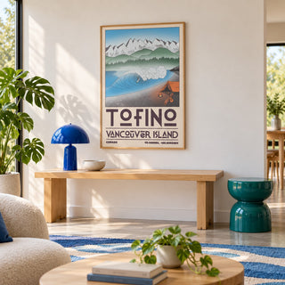 Tofino Landscape Art Print shown in a minimalist living room with an oak console (frame not included)
