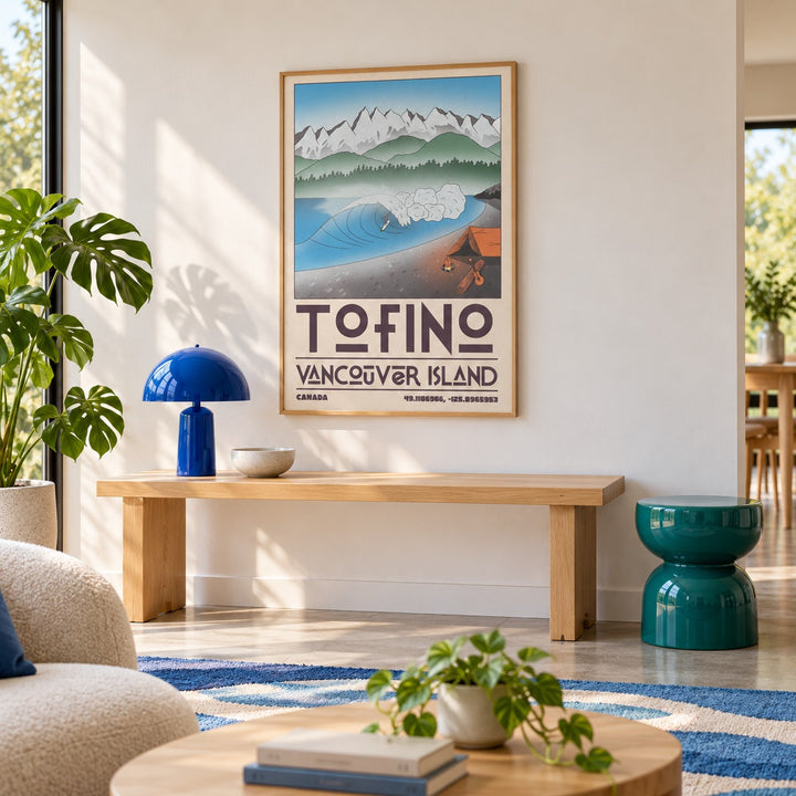 Tofino Landscape Art Print shown in a minimalist living room with an oak console (frame not included)