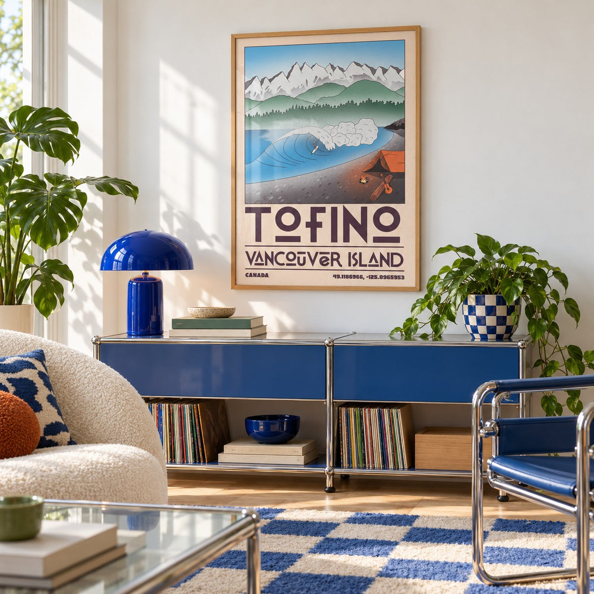 Tofino Landscape Art Print shown in a retro lounge corner (frame not included)